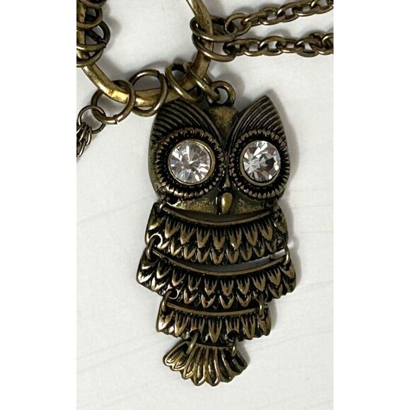 Vintage Brass Locket & Owl Pendant Necklace With Chains & Crystal Accents Costum - Picture 6 of 11